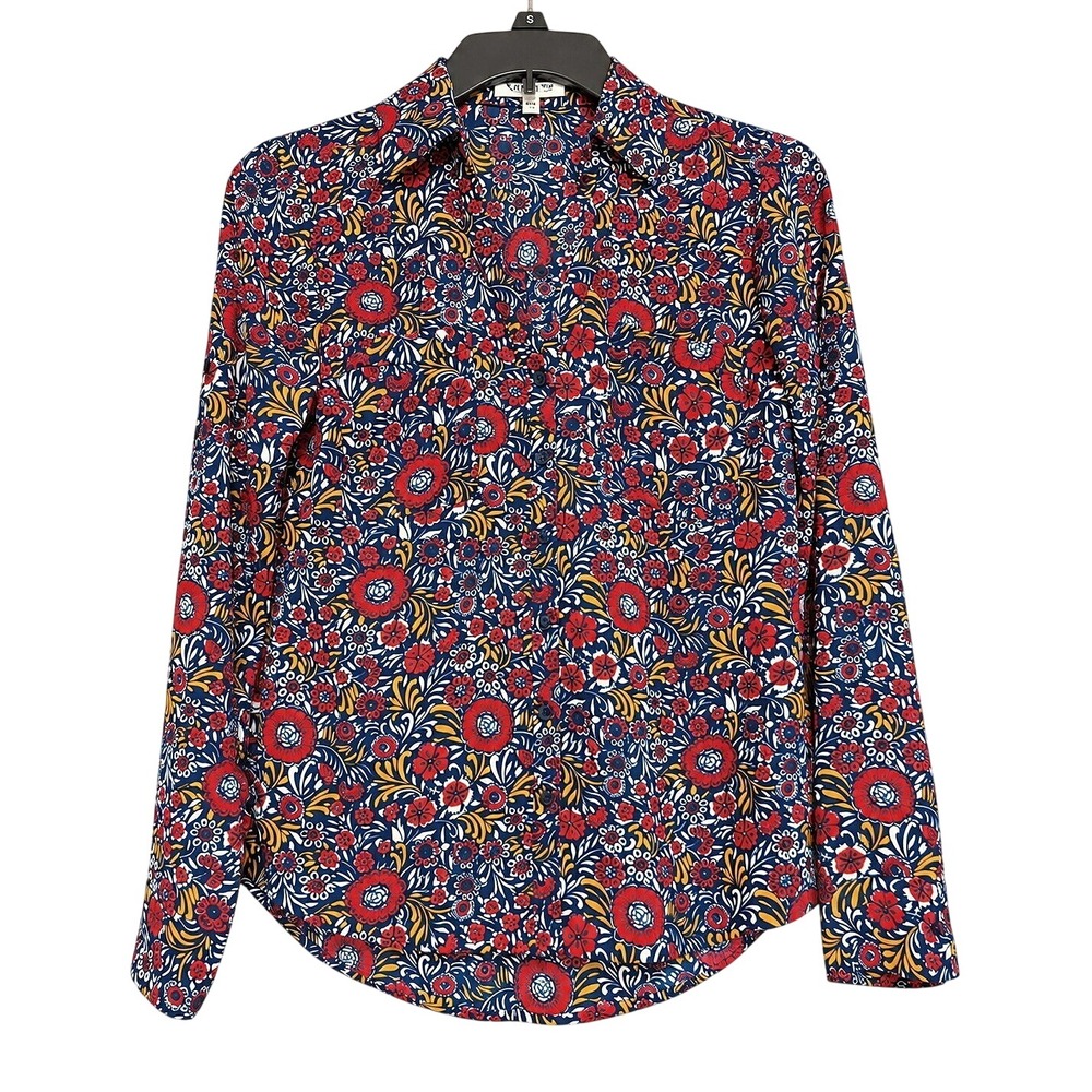 Express Womens XS Slim Fit Portofino Shirt Blue Red Floral Button Up Long Sleeve